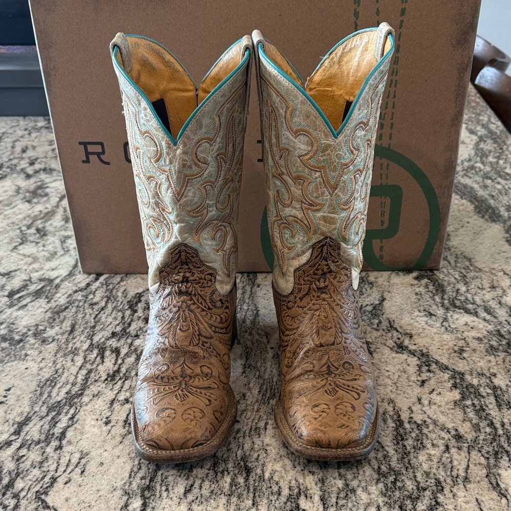 Roper Florence Flex Tooled Tan & Cream Boots (Turquoise Accents)